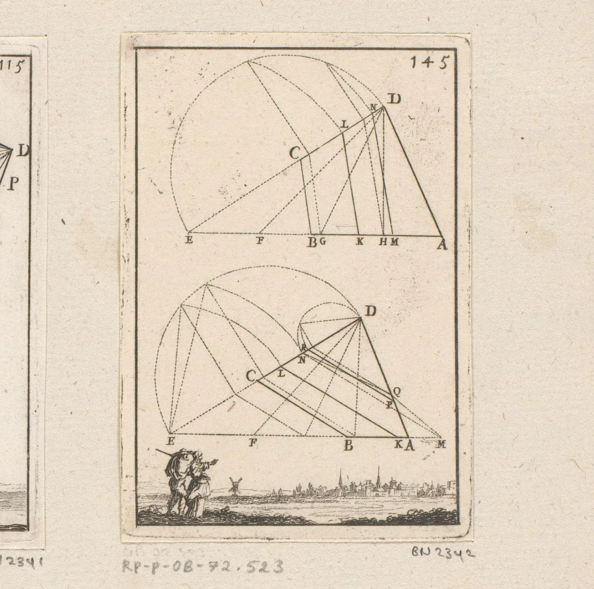 Tweedeling van vierhoeken met onderaan een gezicht op een stad met een man en een vrouw by Sébastien Leclerc, print, 1669
