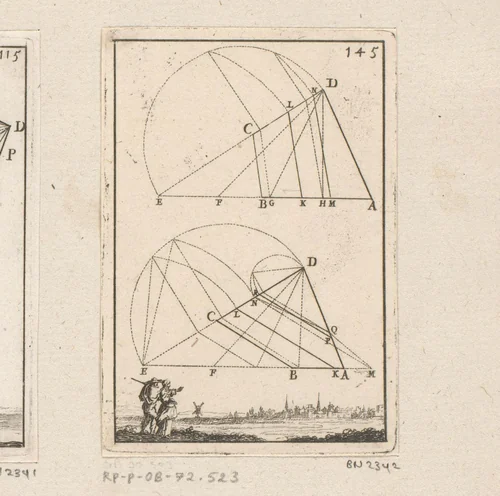 Tweedeling van vierhoeken met onderaan een gezicht op een stad met een man en een vrouw by Sébastien Leclerc, print, 1669