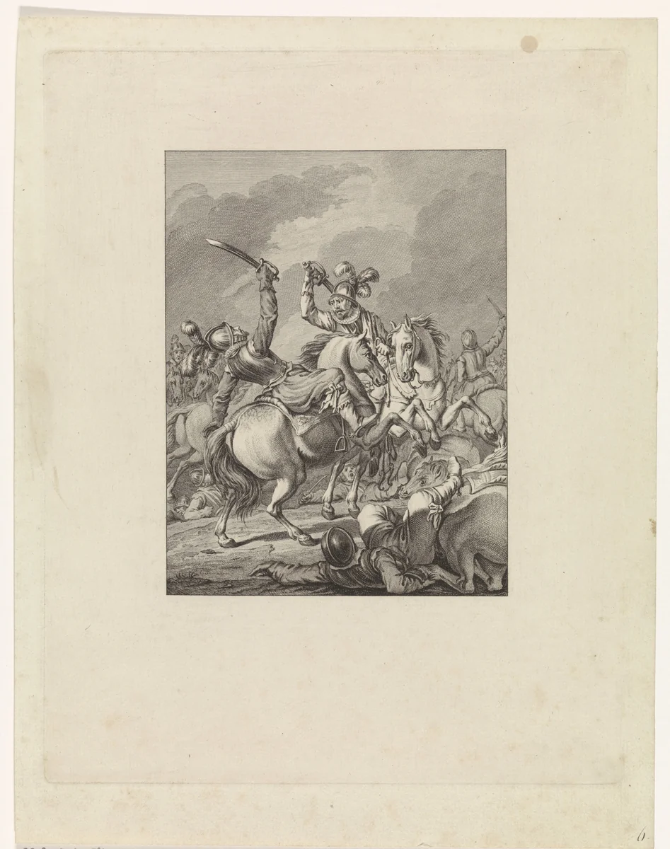 Gevecht tussen Romero en Hendrik van Nassau bij Mons, 1572 by Theodoor Koning, print, 1880