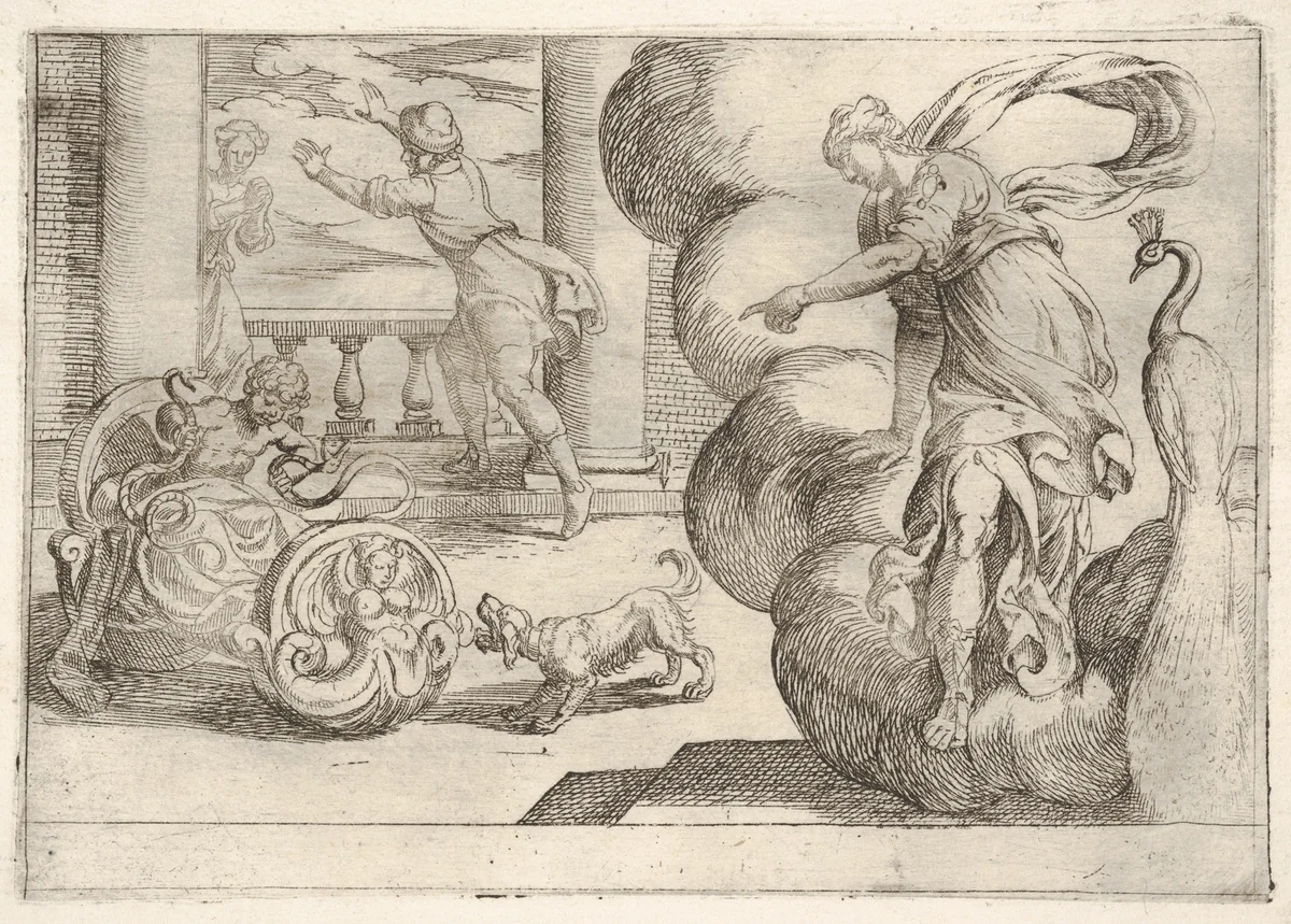 Hercules strangling the serpents, from "The Labors of Hercules" by Antonio Tempesta, print, 1608