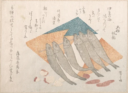Dried Sardines, Tablet of Sea-Weed and Nuts by Ryūryūkyo Shinsai (柳々居辰斎), print, 1800-1899