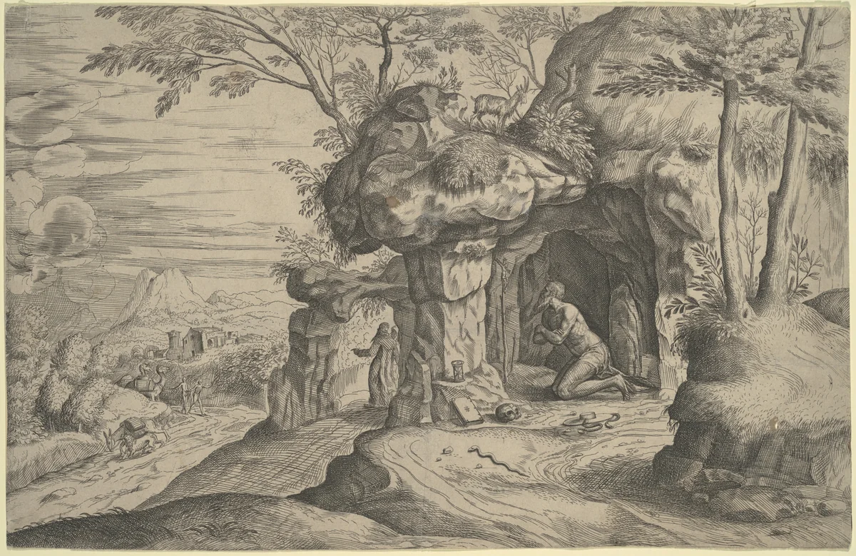 Landscape with Penitent Saints by Battista Angolo del Moro, print, 1500-1599