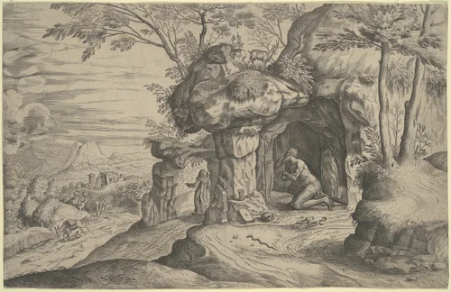 Landscape with Penitent Saints by Battista Angolo del Moro, print, 1500-1599