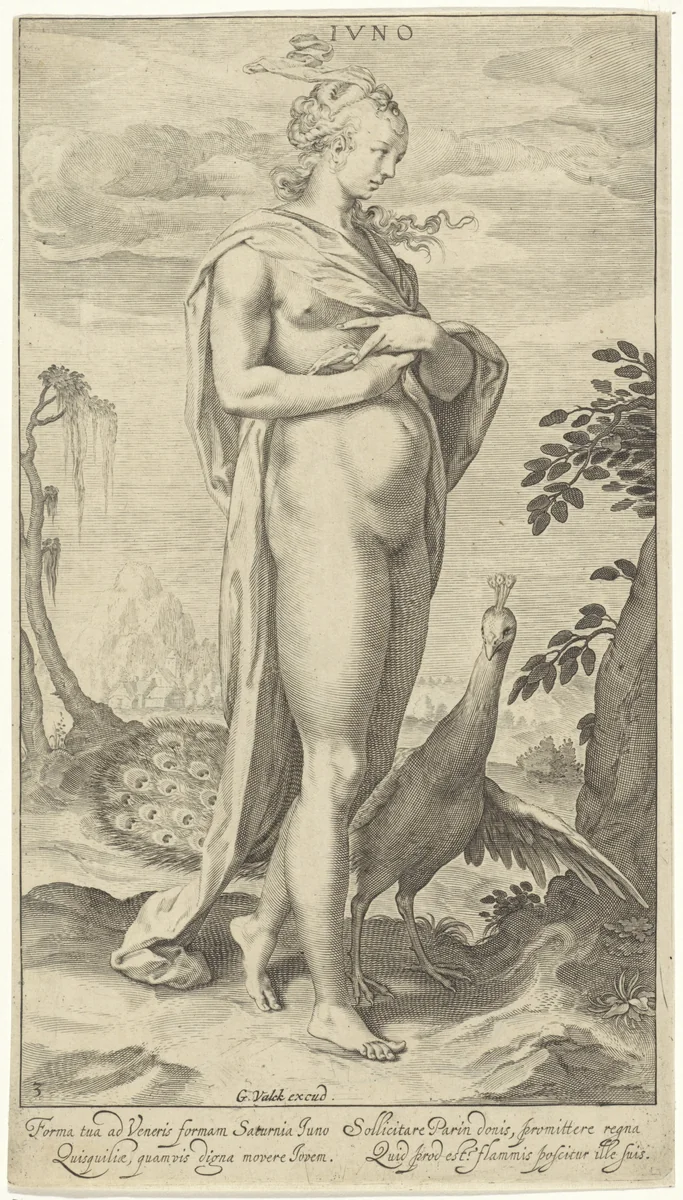 Juno met pauw by Willem Isaacsz. van Swanenburg, print, 1670-1726