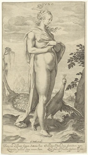 Juno met pauw by Willem Isaacsz. van Swanenburg, print, 1670-1726