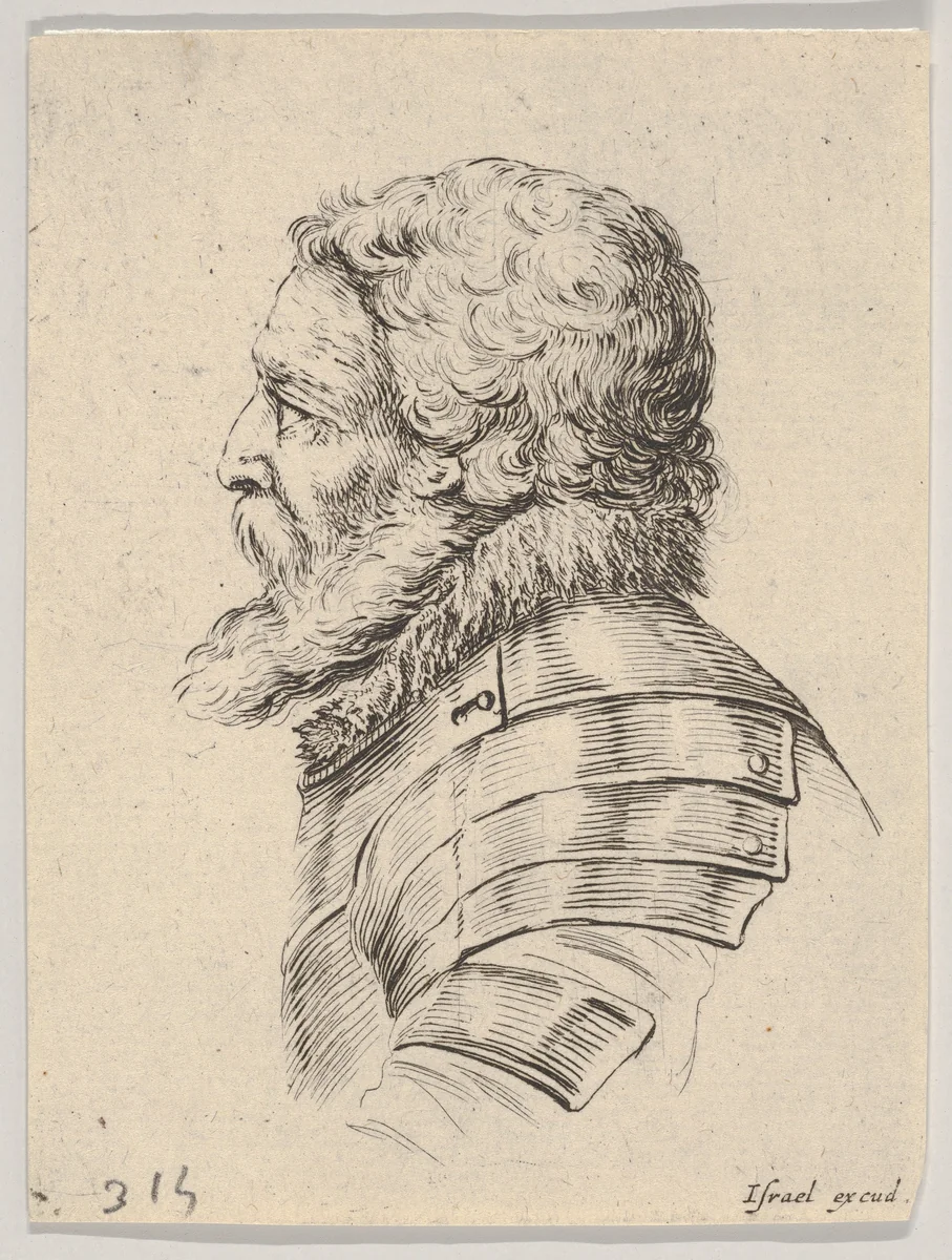 Plate 7: bust of a bearded soldier wearing armor, facing left in profile, from "Various heads and figures" (Diverses têtes et figures) by Stefano della Bella, print, 1650