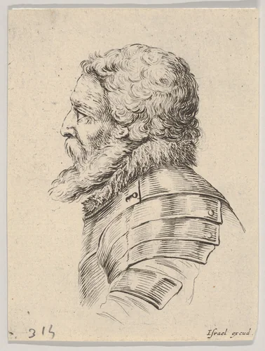 Plate 7: bust of a bearded soldier wearing armor, facing left in profile, from "Various heads and figures" (Diverses têtes et figures) by Stefano della Bella, print, 1650