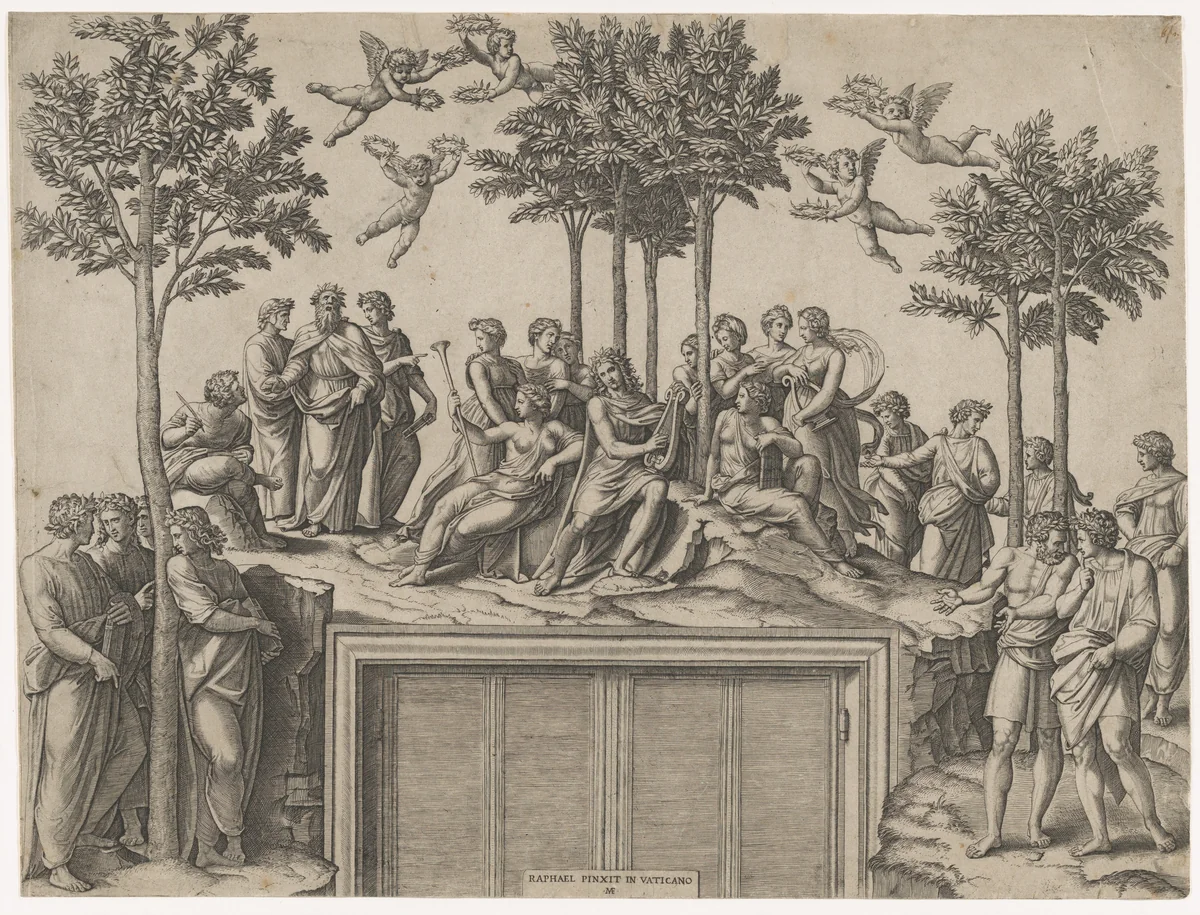 Apollo sitting on Parnassus surrounded by the muses and famous poets by Marcantonio Raimondi, print, 1512-1525