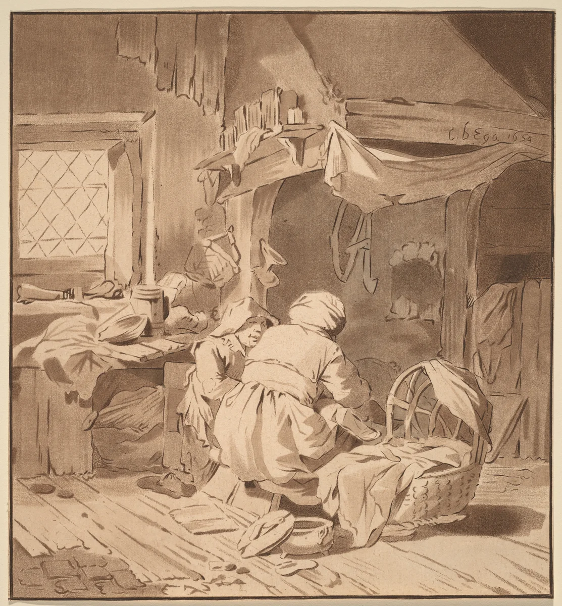 Interior of a Peasant House with Two Women by Cornelis Ploos van Amstel, print, 1772-1787