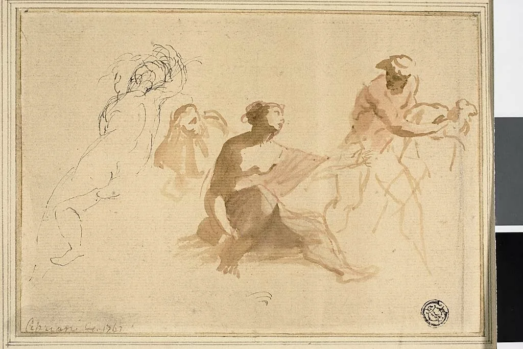 Two Sketches: Nude Child, Woman Reaching Toward Man with Lamb by Giovanni Battista Cipriani, drawing, 1762-1785