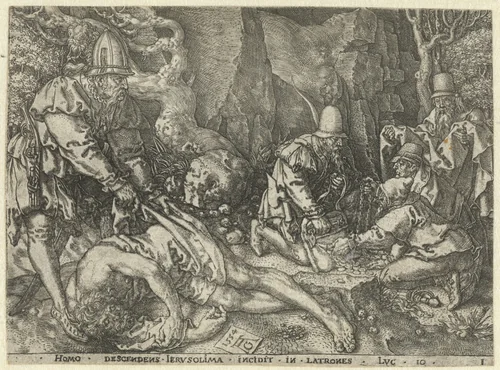 Man wordt beroofd door de rovers by Unknown, print, 1554