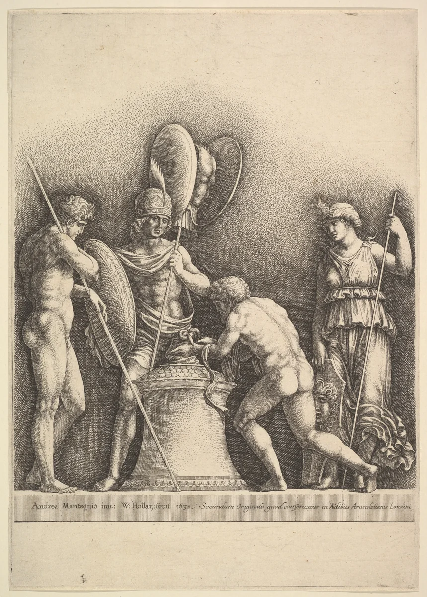 Four Classical Figures (pagan sacrifice) by Wenceslaus Hollar, print, 1638