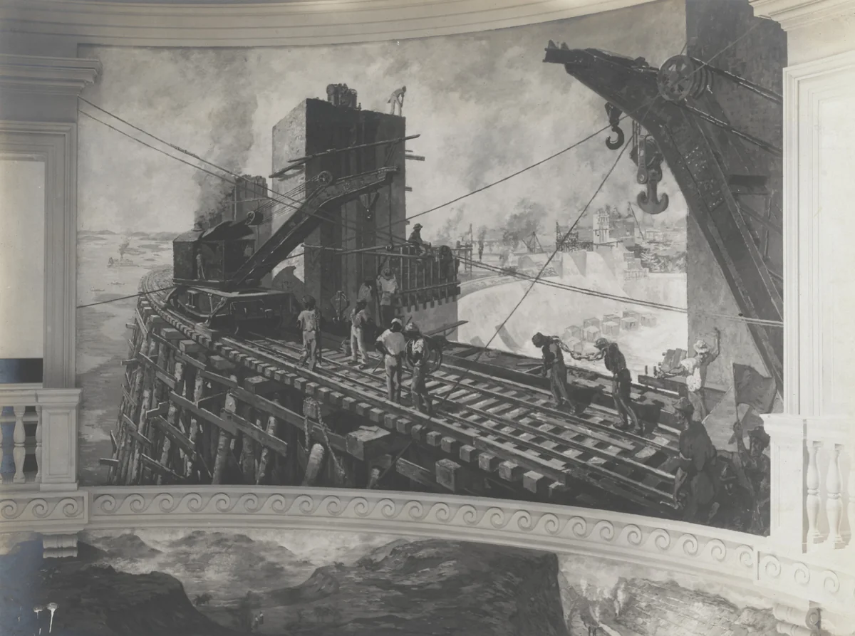 Administration Building, Balboa, C.Z. Rotunda decorations: The Gatun spillway Dam under construction by Unidentified Photographer, photograph, 1907