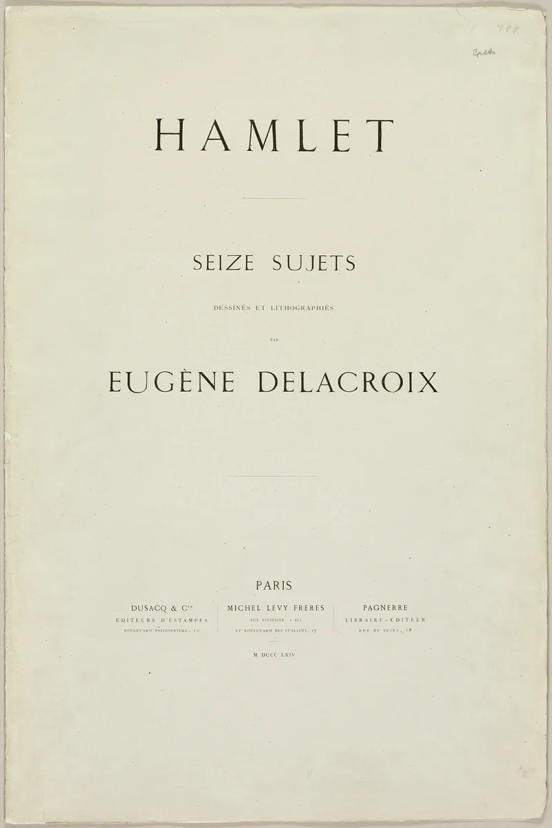 Hamlet — Laertes in Ophelia's Grave, title page and table of contents from Hamlet by Eugène Delacroix, print, 1843