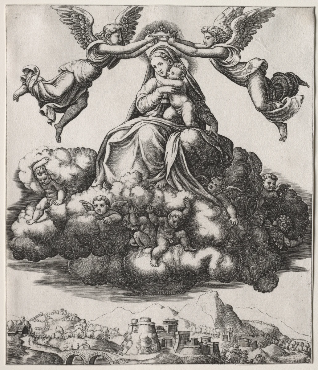 The Coronation of the Virgin by Master of the Die, print, 1530-1560