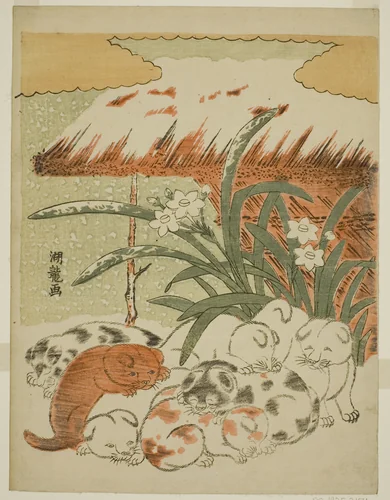 Puppies in the Snow by Isoda Koryusai, print, 1768-1778