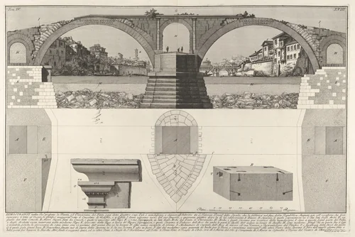 Plan and elevation of the Pons Fabricius (also known as the Quattro Capi Bridge), Rome, from "Le Antichità Romane" by Giovanni Battista Piranesi, print, 1756