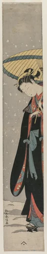 Young Woman Walking in Snow with Umbrella by Suzuki Harunobu (鈴木春信), print, 1868-1912