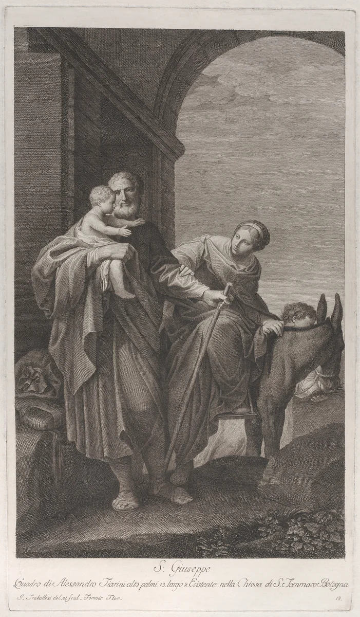 Saint Joseph carrying the Christ Child on the flight into Egypt by Giuliano Traballesi, print, 1760-1800