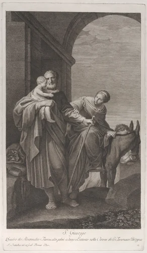 Saint Joseph carrying the Christ Child on the flight into Egypt by Giuliano Traballesi, print, 1760-1800