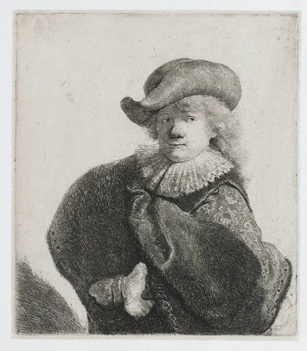 Self-portrait in a soft hat and a patterned cloak by Rembrandt van Rijn, print, 1631