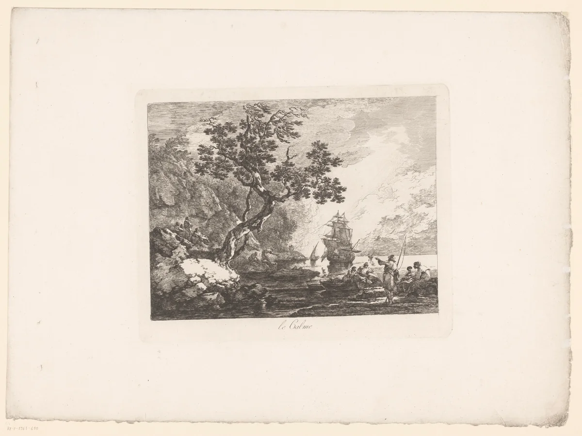Landschap met aangemeerde zeelieden by anonymous, print, 1793-1832