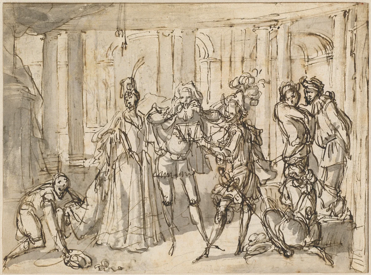 A Performance by the Commedia dell'Arte by Claude Gillot, drawing, 1705-1715