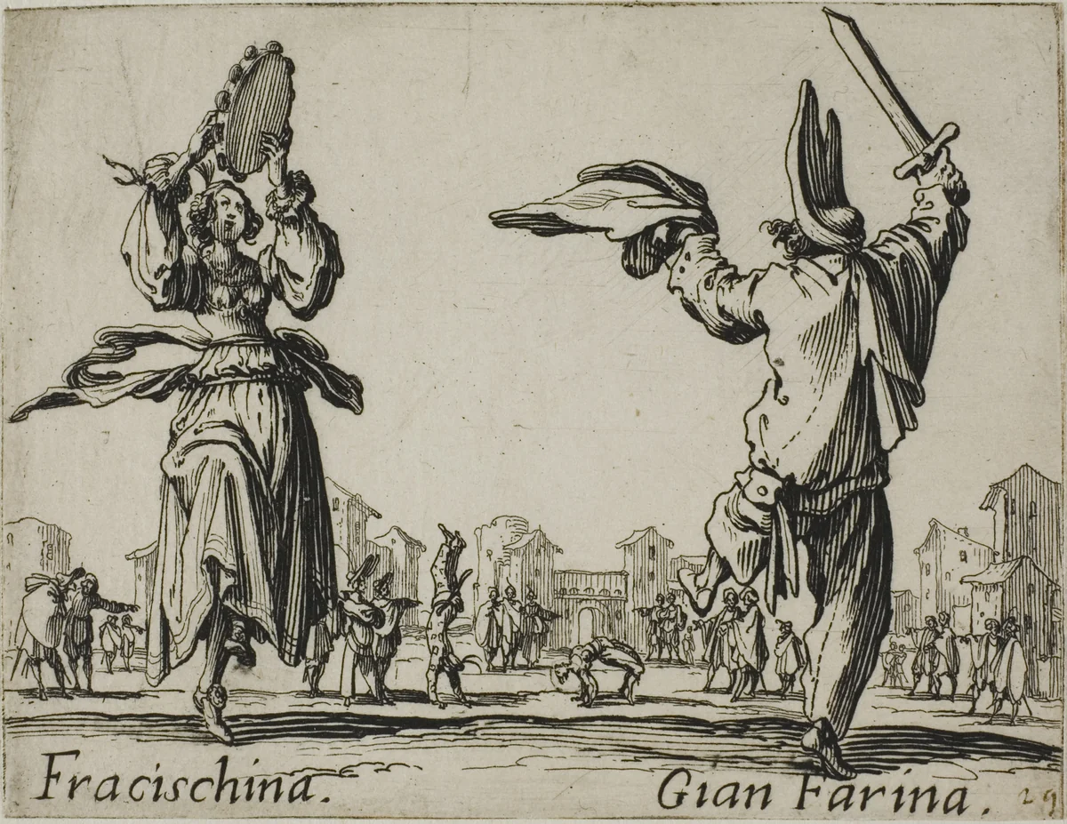 Fracischina - Gian Farina, plate 17 from Balli di Sfessania by Jacques Callot, print, 1617-1627