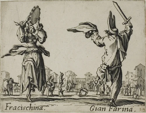 Fracischina - Gian Farina, plate 17 from Balli di Sfessania by Jacques Callot, print, 1617-1627