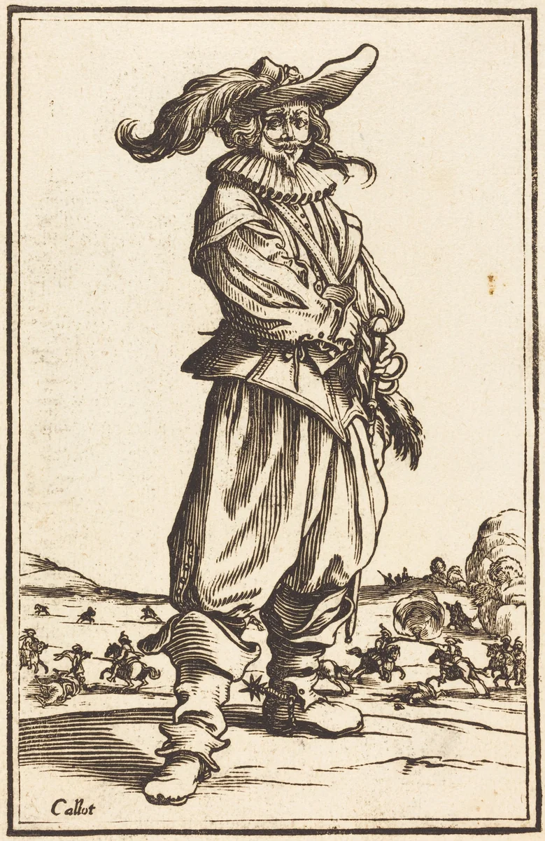 Soldier with Feathered Hat by Jacques Callot, print, 1623-1699