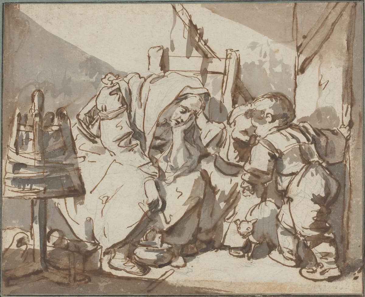 A Tired Woman with Two Children by Jean-Baptiste Greuze, drawing, 1750-1761
