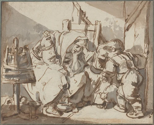 A Tired Woman with Two Children by Jean-Baptiste Greuze, drawing, 1750-1761