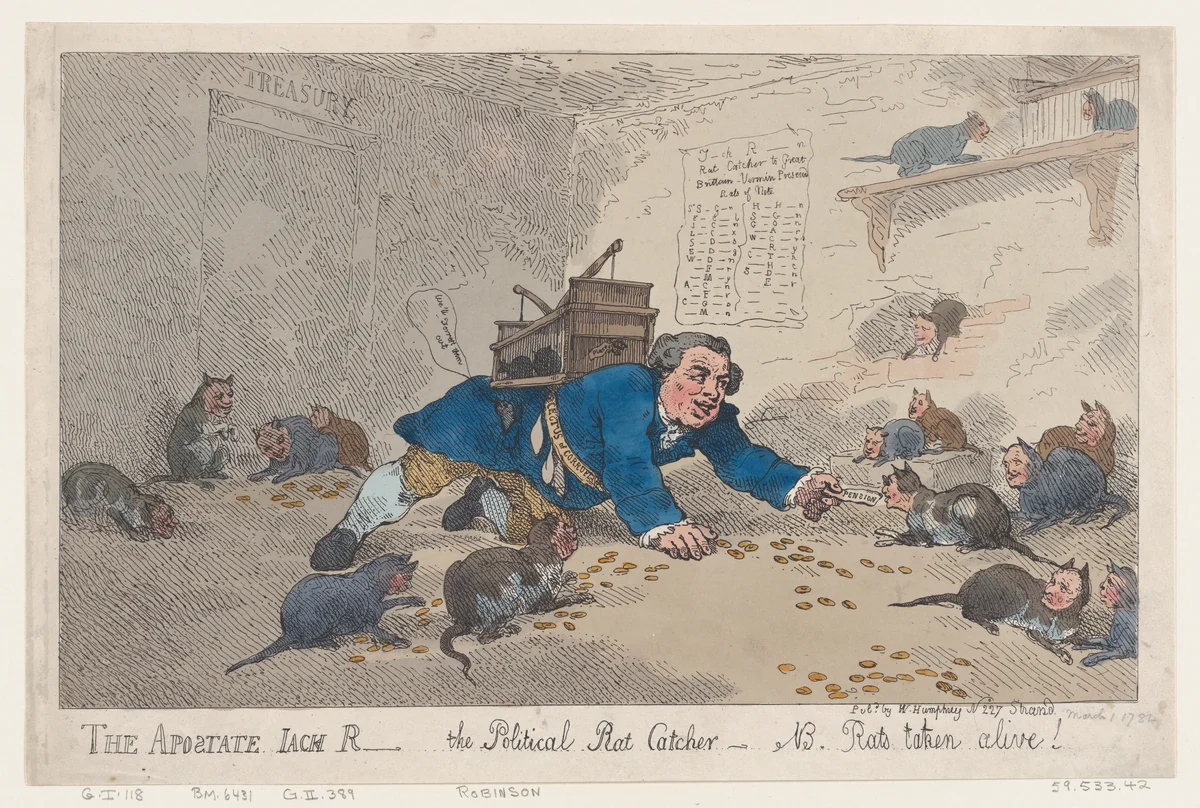 The Apostate Jack Robinson, The Political Rat Catcher–N.B. Rats Taken Alive! by Thomas Rowlandson, print, 1784