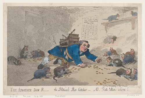The Apostate Jack Robinson, The Political Rat Catcher–N.B. Rats Taken Alive! by Thomas Rowlandson, print, 1784