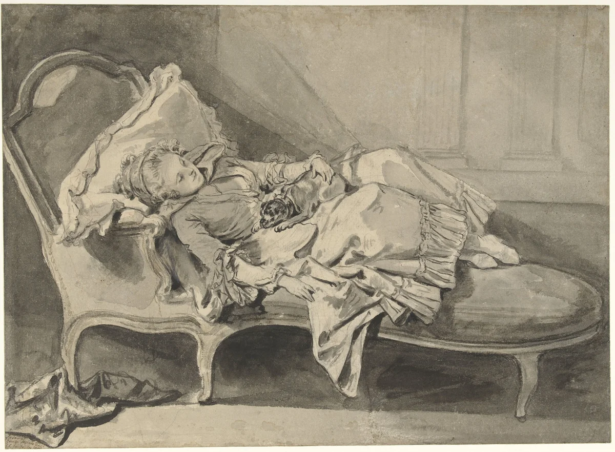 Madame Greuze op een chaise-longue met haar hondje by Jean-Baptiste Greuze, drawing, 1757-1760