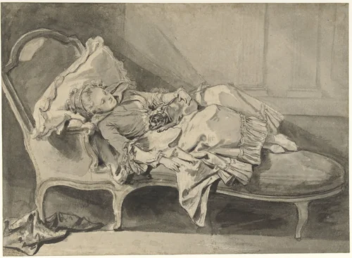 Madame Greuze op een chaise-longue met haar hondje by Jean-Baptiste Greuze, drawing, 1757-1760