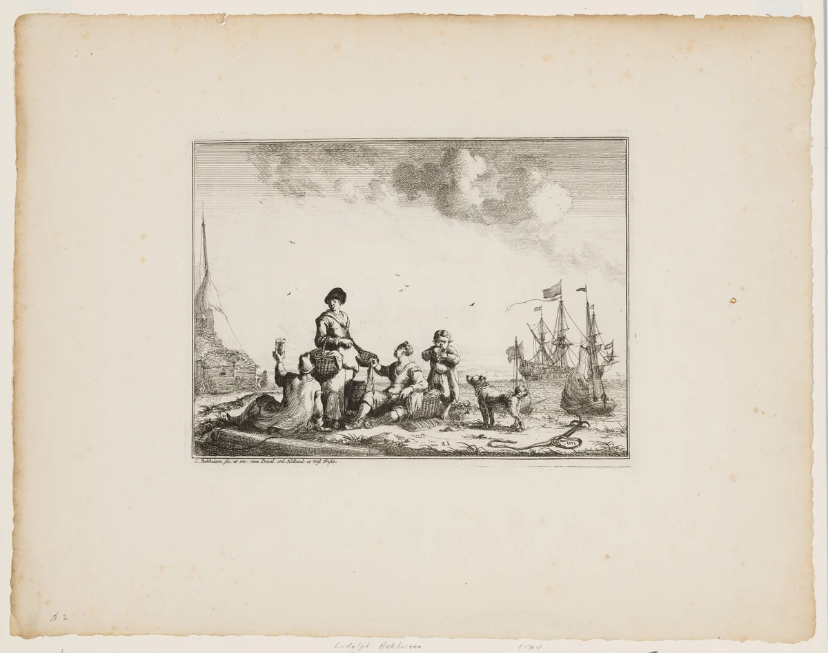 Fishwife And Two Sailors on the Shore by Ludolf Backhuysen, print, 1696-1706