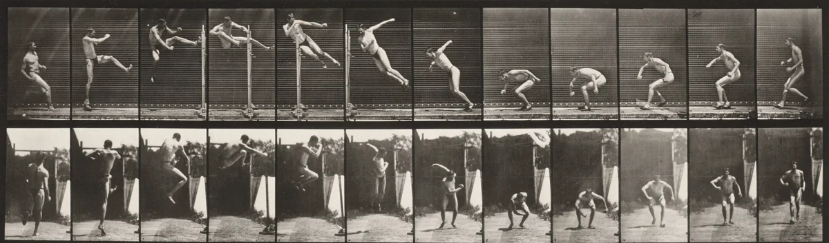 Plate Number 158. Jumping, running twist high jump by Eadweard Muybridge, photograph, 1887