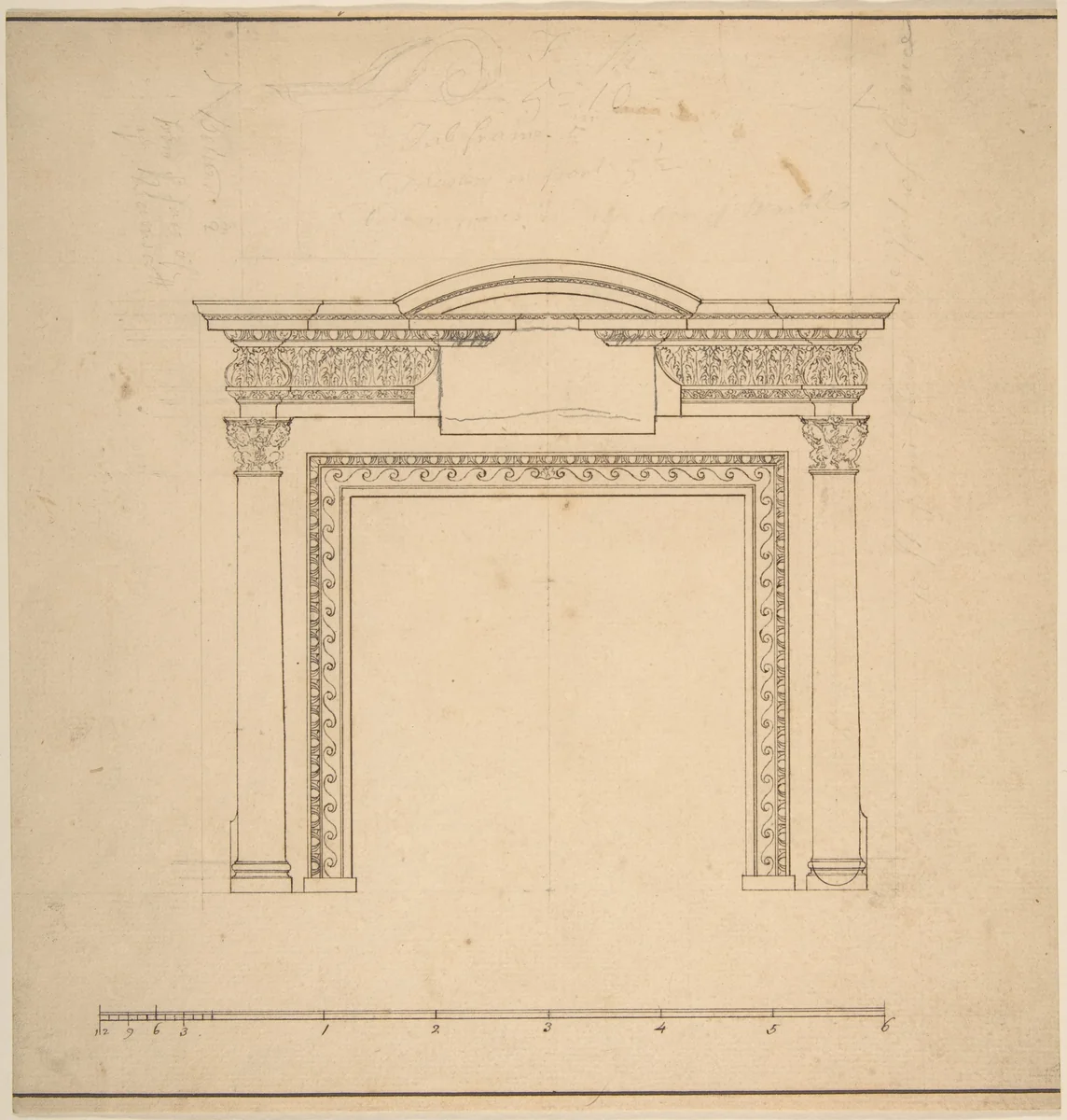 Design for a Chimneypiece with a Frieze with Floral Decoration and Capitals Decorated with Animals by Sir William Chambers, drawing, 1743-1796