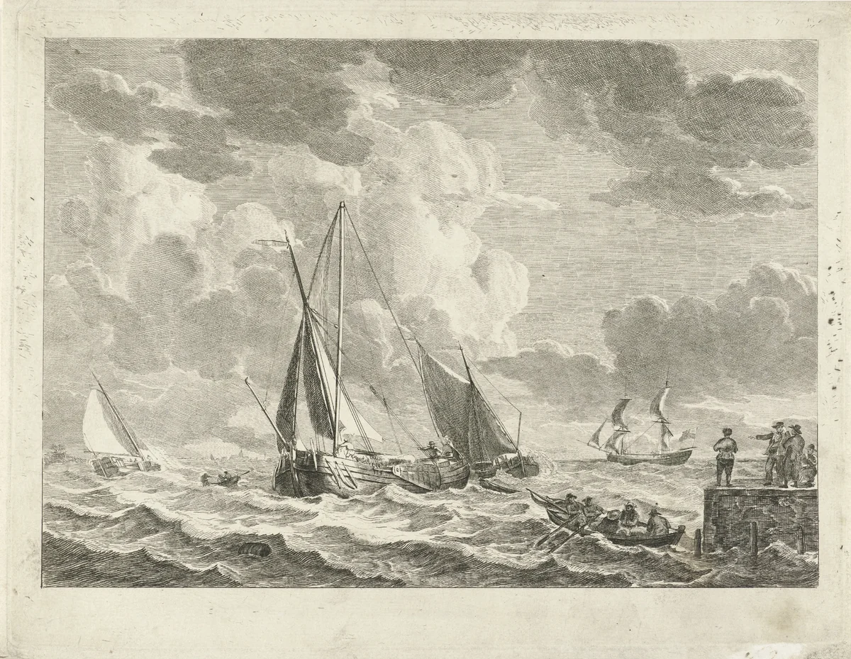 Zeilschepen op woelig water by Gerrit Groenewegen, print, 1769-1826