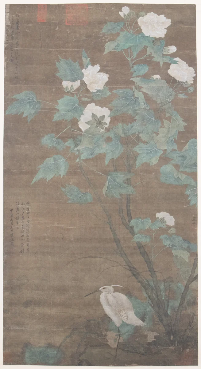 Hibiscus and Egret by Jiang Tingxi, painting, 1724