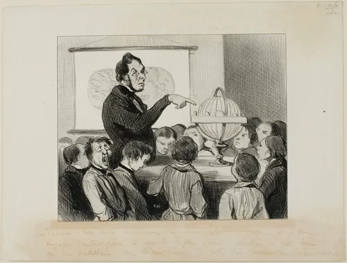 "- Tomorrow we will study Saturn. I want you to pay special attention to this great planet.... which in all likelihood you will never in your life have the opportunity to see!," plate 18 from Professeurs Et Moutards by Honoré-Victorin Daumier, print, 1846