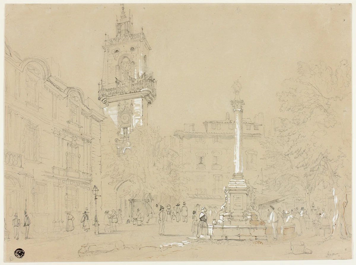 Square in Aix-en-Provence by Samuel Prout, drawing, 1813-1852
