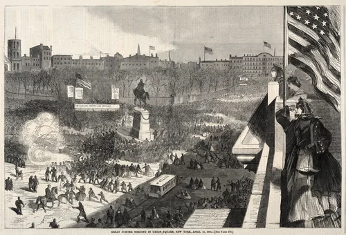 Great Sumter Meeting in Union Square, New York, April 11, 1863 by Winslow Homer, print, 1863