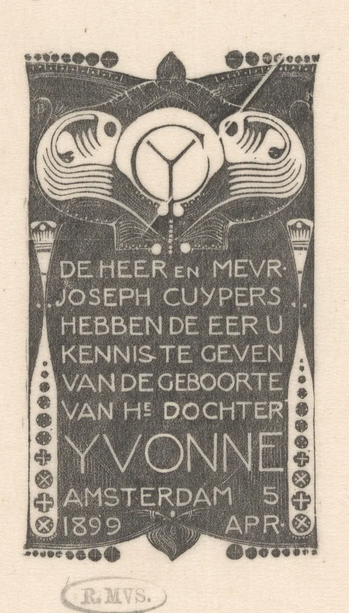 Geboortekaart Yvonne Marie Thérèse Cuypers by Karel Petrus Cornelis de Bazel, print, 1899