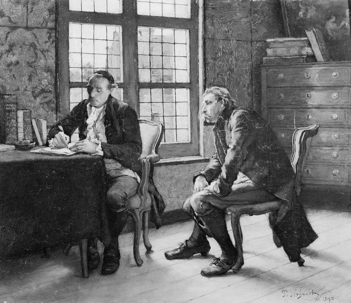 At the Justice of the Peace by Pieter Verhaert, painting, 1878