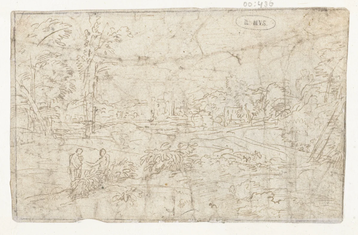 Landschap met twee staande figuren links by Abraham Genoels, drawing, 1650-1723