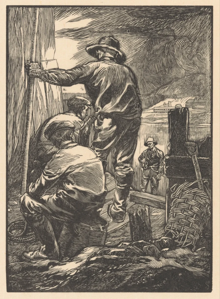 Vier heiende arbeiders bij het water by Johannes Josephus Aarts, print, 1881-1934