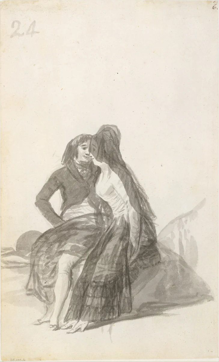 Lovers Sitting on a Rock; folio 24 (verso) from the Madrid Album "B" by Goya, drawing, 1796-1797