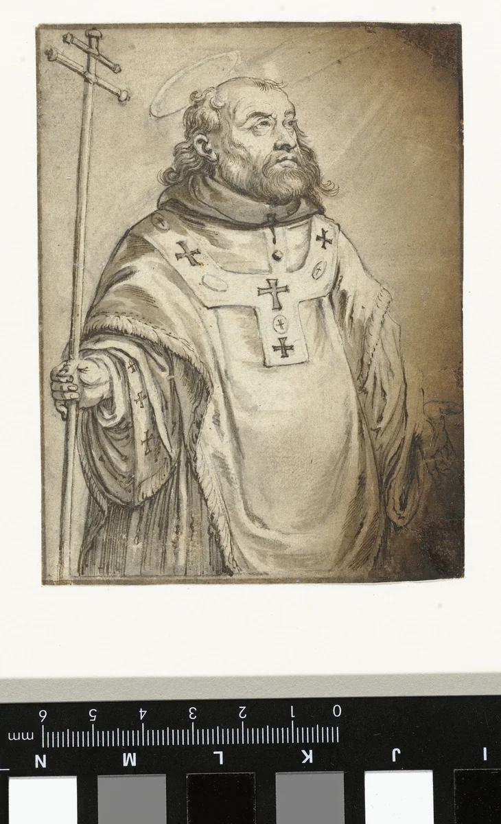 Staande mannelijke heilige, ten halven lijve (de H. Bonaventura?) by Unknown, drawing, 1580-1634